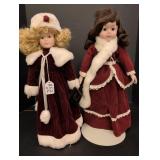 (2) Red velvet dressed dolls w/ porcelain faces &