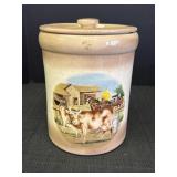 Vtg stoneware crock canister w/tan & brown glazed