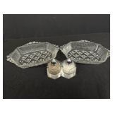(2) Pressed Glass Relish Dishes & Salt & Pepper