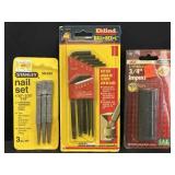 Stanley nail set, Eklind ball end hex key set, &