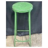 Vtg green steel & wooden stool w/ foot rest