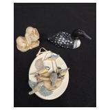 Wooden Duck, ceramic like dog, & Bird Ornament