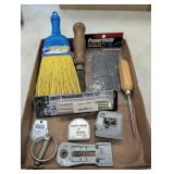 Poly whisk, tape measures, tile knife, razor blade