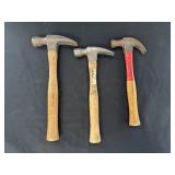3 claw hammers w/ wooden handles