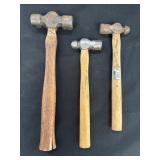 3 ball-peen hammers w/ wooden handles