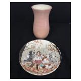 Pier 1 Lazy Sunday Pups Plate & Pink Ceramic Vase