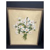 Framed embroidered bouquet of white daisies