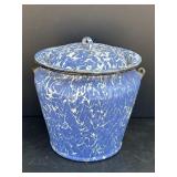 12" Blue & white swirl enamelware lidded pot
