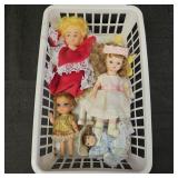 Assorted Vintage Mini Dolls in Small White Basket