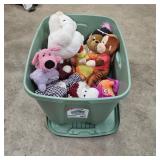 Variety of plush toys in Homz 18gal tote
