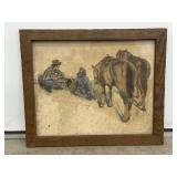 Framed Cowboys Jim Daly Color Pencil  Sketch