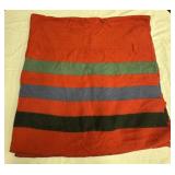 Red fleece blanket w/ teal, blue, and black strips