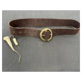 55" wide brown leather belt w/ round brass tone O