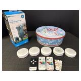 6-outlet yard stake timer, Christmas tin, puck