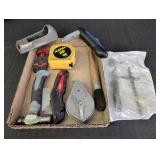 Variety of household items, chalk line, 25ft tape