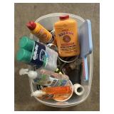 Shaving gel, body powder, hand soap, mirror, razor