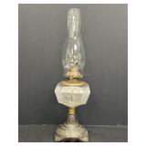 19.75" frosted glass ornate cast metal oil lamp