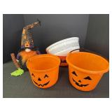 14in LED gnome witch, 2 Jack-o-Lantern buckets &