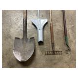 Bulb planter, hoe, rake, round head shovel