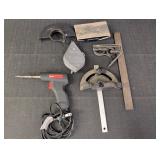 Square w/ level, Mitre gauge, Weller soldering gun