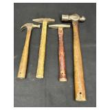 4 wooden handle hammers - claw hammer, tack