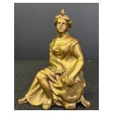 Cast metal gold tone lady holding a lyre statue