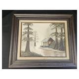 Framed Oil on Canvas of Cabin & Water
