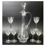 Etched Glass Decanter and Cordial Glasses