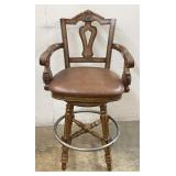 Carved Wood Swivel Bar Stool w/ Leather Seat