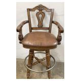 Carved Wood Swivel Bar Stool w/ Leather Seat