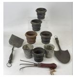 Cast Iron Flower Pots & Vintage Garden Tools