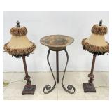 Monkey Lamps w/ Ostrich Feather Shades & Bird Bath