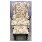 Waverly Print Upholstered Wing Back Chair w/ Stool