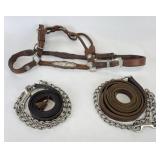 Leather Headstall w/ Leads - Mex Silver Overlaid &