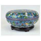 Cloisonne Enamel Round Storage Box on Wood Stand
