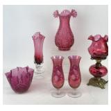Selection of Cranberry Glass Vases, Lamp & More