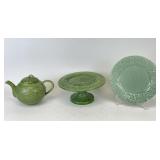 Majolica Teapot, Pedestal Cake Stand & Plate