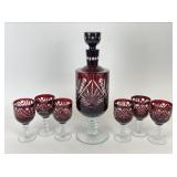 Vintage Ruby Cut to Clear Decanter & Stemware