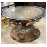 Hand Carved Sculptural Wood Table W Glass Top