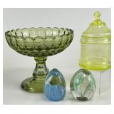 Vintage Green Glass Thumbprint Compote w/