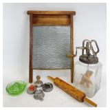 Vintage Butter Churn, Washboard, Uranium Glass