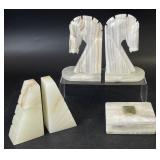 Carved Onyx Bookends & Lidded Box
