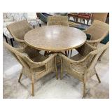 Burl Wood Veneer Top Table & Wicker Chairs