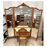 French Style Wooden Vanity w/ Tri Fold Mirror Set