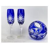 Cobalt Blue Cut to Clear Crystal Flutes & Basket