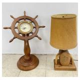 Nautical Style Lamp & Ships Wheel Clock
