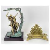Vintage Style Brass Inkwell & Resin Figurine