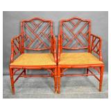 Pair of faux bamboo red lacquered armchairs