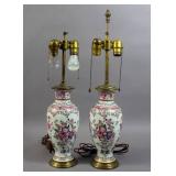 Pair of porcelain floral-decorated lamps