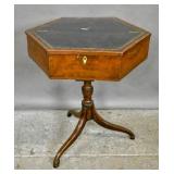 Mahogany & burl wood leather top hexagonal table